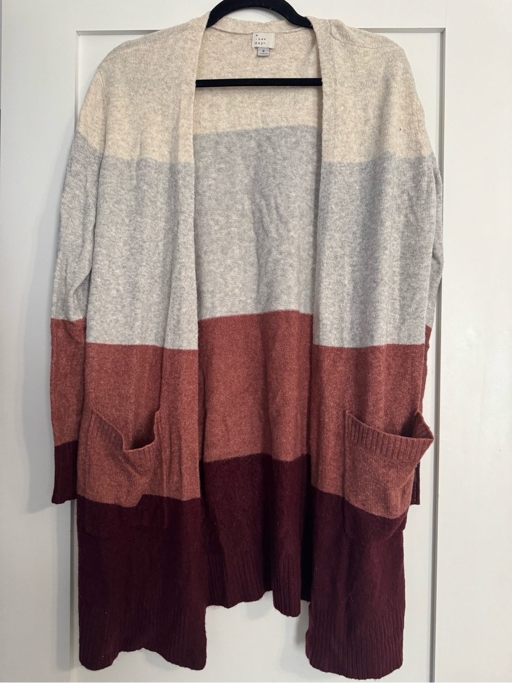 a new day Colorblock Open-Front Cardigan in Cream, Light Gray, Rust & Burgundy